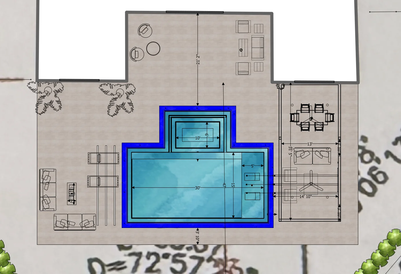 Site plan showing the 30' pool with its sunshelf, the 6' x 10' raised spa, the deck and the optional pergola behind the house