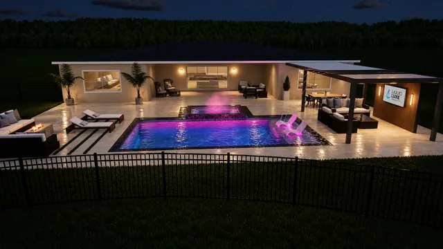 Render of the Gorrepati pool and spa, view 10 (night aerial)